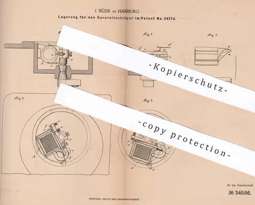 original Patent - J. Bühr , Hamburg , 1885 , Lagerung für Garnrollenträger an Nähmaschinen | Nähmaschine |  Schneider