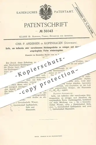 original Patent - Chr. P. Andersen , Kopenhagen / Dänemark , 1885 , Seife , Seifen | Fleckenseife , Reinigung , Fett !!