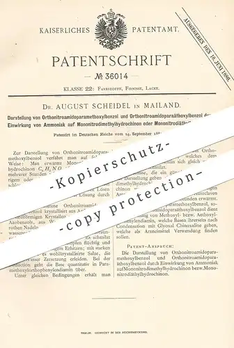 original Patent - Dr. August Scheidel , Mailand , 1885 , Darstellung von Orthonitroamidoparametholxylbenzol per Ammoniak