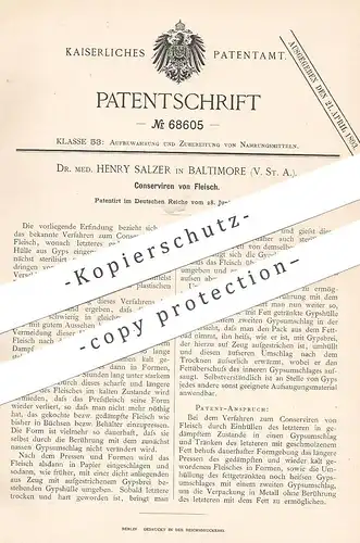 original Patent - Dr. med. Henry Salzer , Baltimore , USA , 1892 , Konservieren von Fleisch | Konservierung | Fleischer