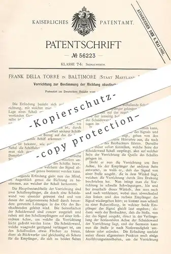 original Patent - Frank Della Torre , Baltimore , Maryland , USA , 1890 , Bestimmung der Richtung akustischer Signale