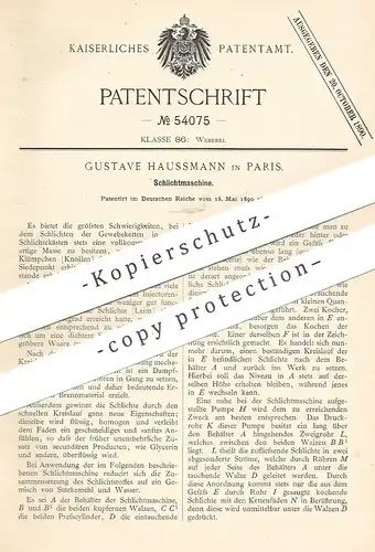 original Patent - Gustave Haussmann , Paris , Frankreich , 1890 , Schlichtmaschine | Webstuhl , Weben , Weber , Weberei