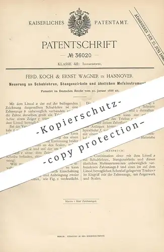 original Patent - Ferd. Koch & Ernst Wagner , Hannover , 1886 , Schublehre , Stangenzirkel , Zirkel , Messlehre , Lineal