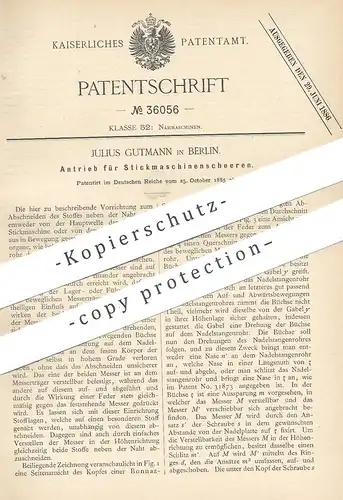 original Patent - Julius Gutmann , Berlin , 1885 , Antrieb f. Strickmaschinenscheren | Strickmaschine Schere Nähmaschine