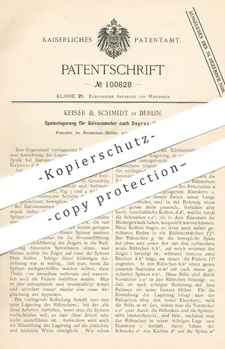 original Patent - Keiser & Schmidt , Berlin , 1898 , Spulenlagerung für Galvanometer nach Deprez d'Arsonval | Batterie !