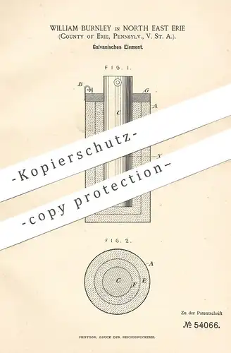 original Patent - William Burnley , North East Erie , Pennsylvania , USA , 1890 , Galvanisches Element | Batterie , Akku
