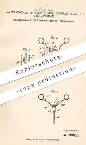 original Patent - Starley Bros. & Westwood Manufacturing Comp. Ltd. Birmingham , 1898 | Fahrradspeichen Unterlagscheibe