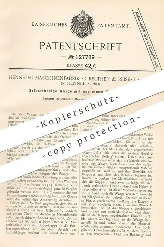original Patent - Hennefer Maschinenfabrik C. Reuther & Reisert mbH , Hennef / Sieg , 1901 , Waage , Waagen | Wiegen