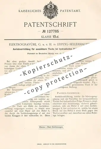 original Patent - Elektrogravüre GmbH , Leipzig / Sellerhausen , 1901 , ausziehbarer Tisch an hydraulischer Präge Presse