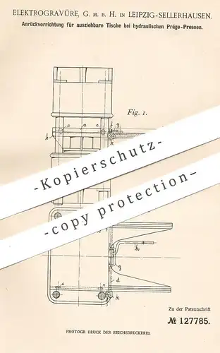 original Patent - Elektrogravüre GmbH , Leipzig / Sellerhausen , 1901 , ausziehbarer Tisch an hydraulischer Präge Presse