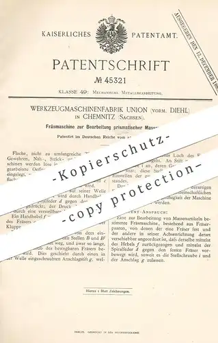original Patent - Werkzeugmaschinenfabrik Union , vorm. Diehl , Chemnitz , 1888 , Fräsmaschine | Fräse , Fräsen | Gewehr