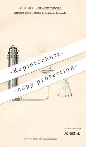 original Patent - G. Luther , Braunschweig , 1888 , Verbindung zweier hydraulischer Hebewerke | Hebezeug , Hydraulik