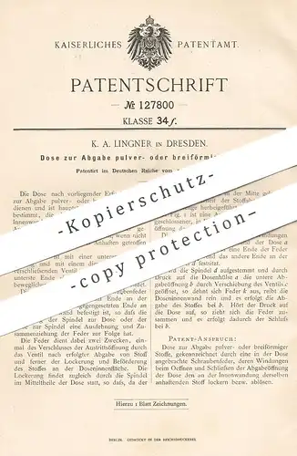 original Patent - K. A. Lingner , Dresden , 1901 , Dose zur Abgabe von Pulver | Pulverdose , Streudose , Zucker !!