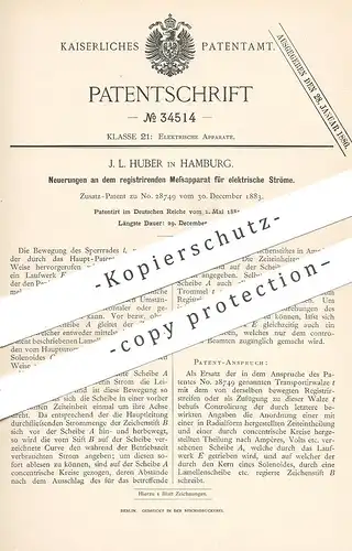 original Patent - J. L. Huber , Hamburg , 1885 , Messapparat für elektrischen Strom | Elektriker , Stromzähler , Uhr !!