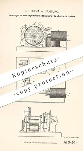 original Patent - J. L. Huber , Hamburg , 1885 , Messapparat für elektrischen Strom | Elektriker , Stromzähler , Uhr !!