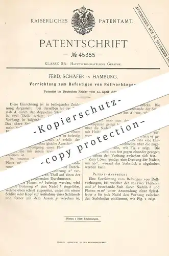 original Patent - Ferd. Schäfer , Hamburg , 1888 , Befestigen von Rollvorhängen | Vorhang , Gardine , Jalousie , Rollo