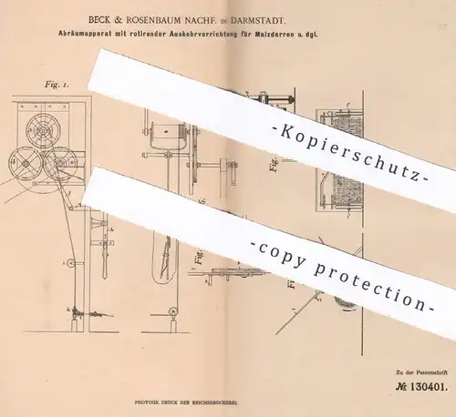 original Patent - Beck & Rosenbaum Nachf. , Darmstadt , 1901 , Abräumapparat für Malzdarre | Malz - Darren !!