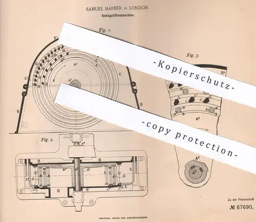 original Patent - Samuel Barber , London , England , 1891 , Schlagstiftenmaschine | Brechen von Erz , Gestein , Stein !!