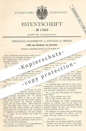 original Patent - Ferdinand Schönbrunn , Berlin / Steglitz , 1881 , Löffel zum Einnehmen von Arznei | Medikament , Arzt