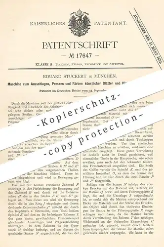 original Patent - Eduard Stuckert , München , 1881 , Pressen und Färben künstlicher Blätter & Blumen | Pflanzen , Gewebe