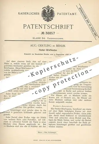 original Patent - Aug. Oertling , Berlin , 1886 , Fächer - Briefkasten | Postkasten | Briefkästen | Kasten für Briefe !