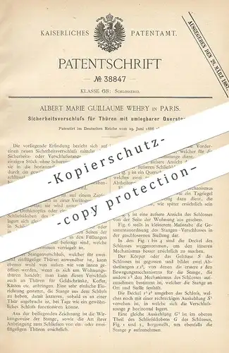 original Patent - Albert Marie Guillaume Wehry , Paris , Frankreich , 1886 , Türschloss | Tür - Schloss | Schlosser