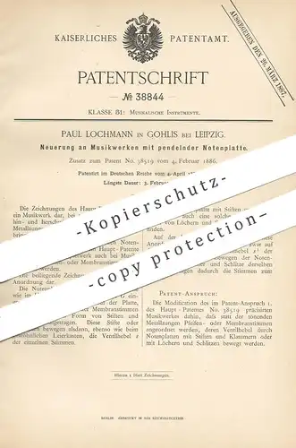 original Patent - Paul Lochmann , Leipzig / Gohlis , 1886 , Musikwerk mit pendelnder Notenplatte | Musikinstrument !!