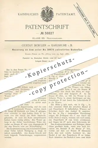 original Patent - Gustav Boegler , Karlsruhe , 1886 , Badeofen | Ofen , Öfen , Ofenbauer , Heizung , Feuerung !!