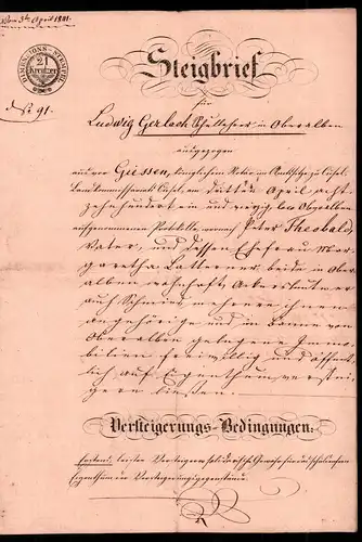 Dokument Adel , Steigbrief , von Giessen , Albach , Oberalbach ,1841 ,Dr. L. Gümbel , Kasel , Casel !!!