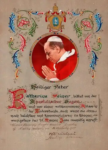 alter Apostolischer Segen für Katharina Weiner im Namen Jesu , Pabst Rom , Kirche !!!
