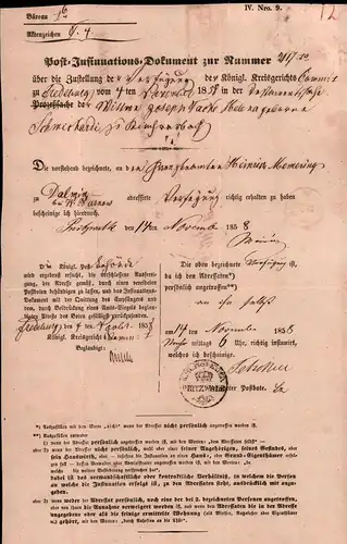 Post - Insinuations - Dokument 1858 , Pritzwalk , Friedeburg , extrem rar !!!!!!