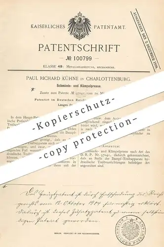 original Patent - Paul Richard Kühne , Berlin / Charlottenburg , 1898 , Schmiedepresse , Kümpelpresse | Presse , Schmied