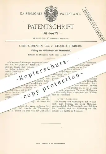 original Patent - Gebr. Siemens & Co. , Berlin / Charlottenburg 1885 | Füllung d. Glühlampen mit Wasserstoff | Glühlampe