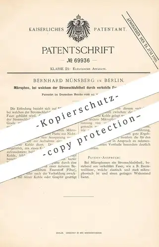 original Patent - Bernhard Münsberg , Berlin , 1892 , Mikrophon | Mikrofon | Elektrik , Schallplatte , Strom !!