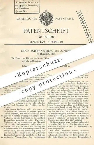 original Patent - Erich Schwanenberg , A. Rinne , Hannover , 1905 , Härten von Kunststein aus Kalkhydrat per Kohlensäure