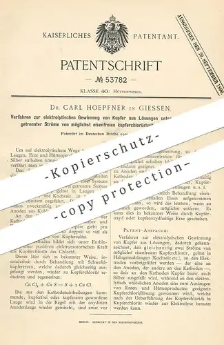 original Patent - Dr. Carl Hoepfner , Giessen , 1888 , elektrolytische Gewinnung von Kupfer | Lauge , Erz , Silber !!