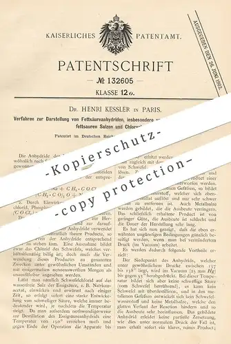 original Patent - Dr. Henri Kessler , Paris , Frankreich , 1900 , Darstellung von Fettsäureanhydrid | Salze , Schwefel