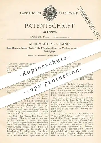 original Patent - Wilhelm Körting , Barmen 1892 , Überführungsgetriebe / Traject f. Klöppelmaschine | Klöppel Volkenborn