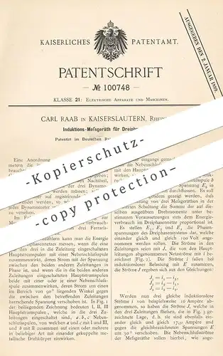 original Patent - Carl Raab , Kaiserslautern / Rheinpfalz 1897 , Induktions- Messgerät für Dreiphasenstrom | Dynamometer