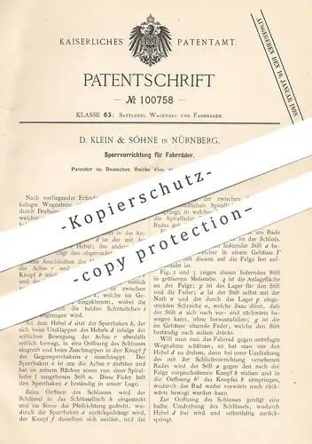 original Patent - D. Klein & Söhne , Nürnberg 1897 , Sperrvorrichtung für Fahrräder | Fahrrad - Schloss | Fahrradschloss