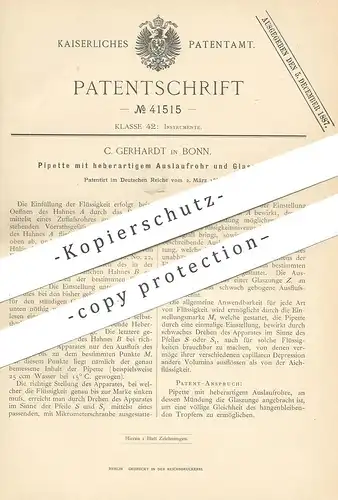 original Patent - C. Gerhardt , Bonn , 1887 , Pipette mit heberartigem Auslaufrohr und Glaszunge | Pipetten !!!