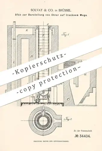 original Patent - Solvay & Co. Brüssel , 1885 , Ofen zur Darstellung von Chlor auf trockenem Weg | Chemie , Gas , Öfen