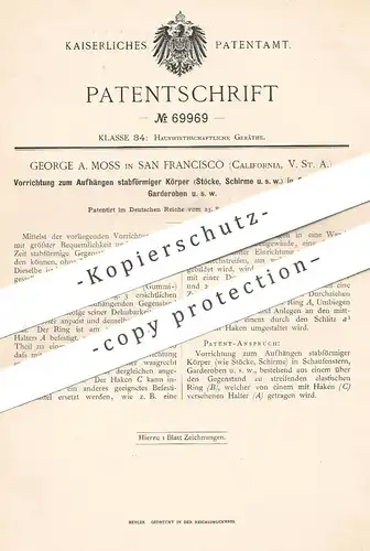 original Patent - George A. Moss , San Francisco , California USA , 1892 , Aufhängen von Stock o. Schirm im Schaufenster