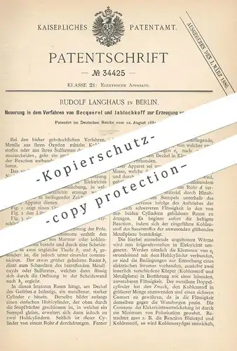 original Patent - Rudolf Langhaus , Berlin , 1884 , Verfahren von Becquerel & Jablochkoff zur Erzeugung von Elektrizität