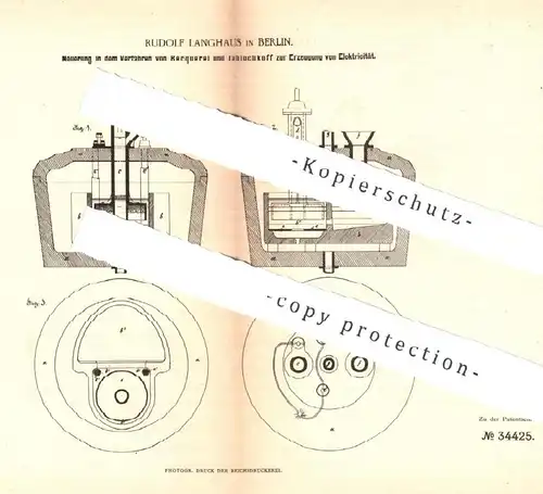 original Patent - Rudolf Langhaus , Berlin , 1884 , Verfahren von Becquerel & Jablochkoff zur Erzeugung von Elektrizität