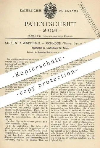 original Patent - Stephen C. Mendenhall , Richmond , Wayne , Indiana , USA , 1885 , Laufrad für Möbel | Laufrolle , Rad