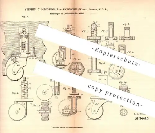 original Patent - Stephen C. Mendenhall , Richmond , Wayne , Indiana , USA , 1885 , Laufrad für Möbel | Laufrolle , Rad