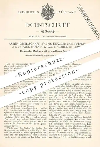 original Patent - Fabrik Leipziger Musikwerke vorm. Paul Ehrlich & Co. , Leipzig / Gohlis , Musikwerk mit Zungenkasten !