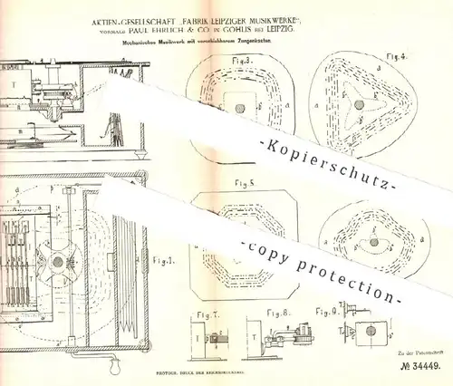 original Patent - Fabrik Leipziger Musikwerke vorm. Paul Ehrlich & Co. , Leipzig / Gohlis , Musikwerk mit Zungenkasten !