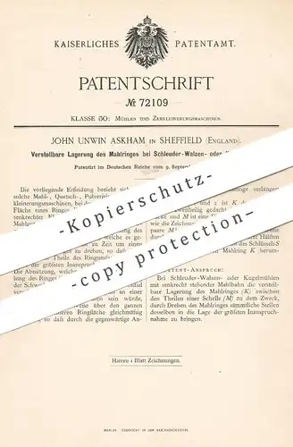 original Patent - John Unwin Askham , Sheffield , England , 1892 , Lagerung am Mahlring bei Walzen , Mühlen | Mühle !!